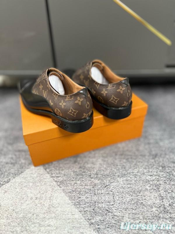 2024 Men Louis Vuitton Brown Black Leather Canvas Oxford MJ00380