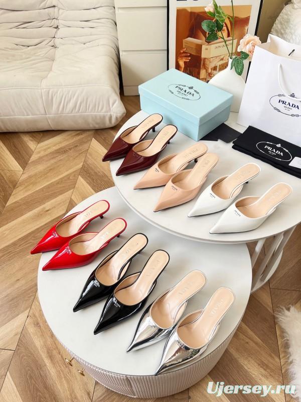 2025 Women Prada Silver Patent Leather Mules