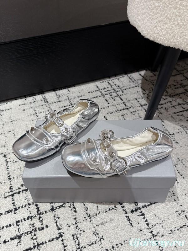 2025 Women BALENCIAGA Silver Leather Ballet Flats Metal Buckle KFY00300