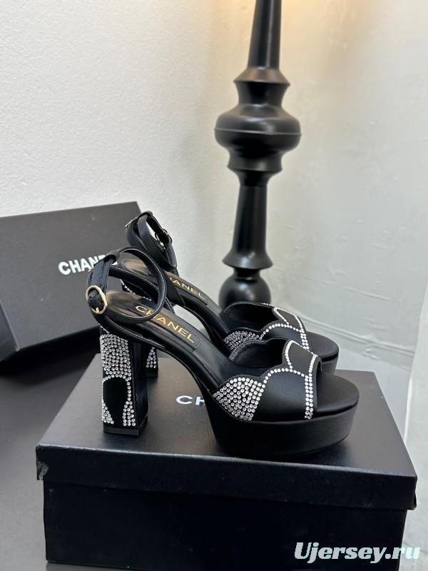 2025 Women Chanel Black Fabric Leather Rhinestone Platform Sandals KFY00320