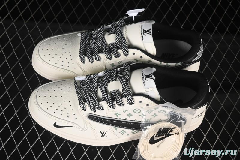 Nike Travis Scott x Fragment Design x Air Jordan 1 Low OG SP AJ1 Low Top Casual Sneakers with Metallic Black Swoosh - YX5066-335