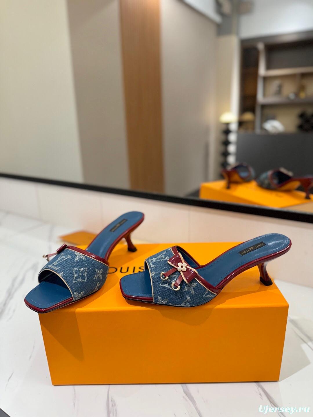 2025 Women Louis Vuitton Blue Denim Leather Mules