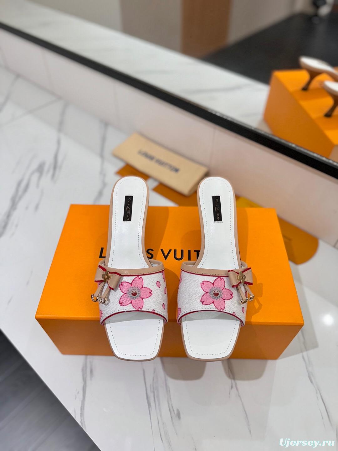 2025 Women LV White Pink Leather Floral Sandals
