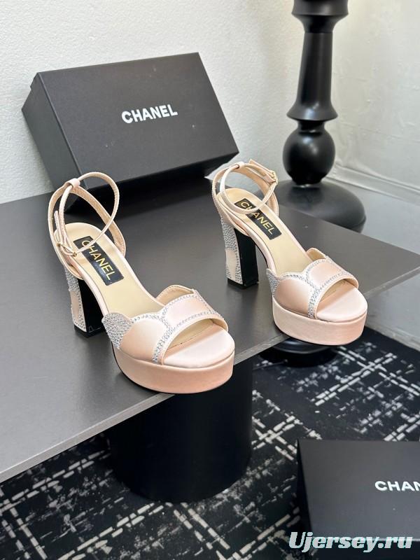 2025 Women Chanel Pink Satin Rhinestone Platform Sandals KFY00320
