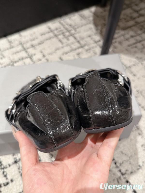 2025 Women Balenciaga Black Leather Ballet Shoes