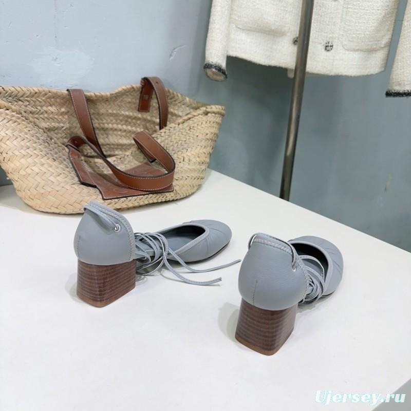 2025 Women LEMAIRE Light Grey Leather Mary Jane Block Heel KFY00300