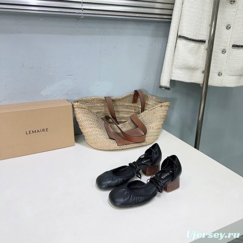 2025 Women LEMAIRE Black Leather Mary Jane Lace-up Shoes