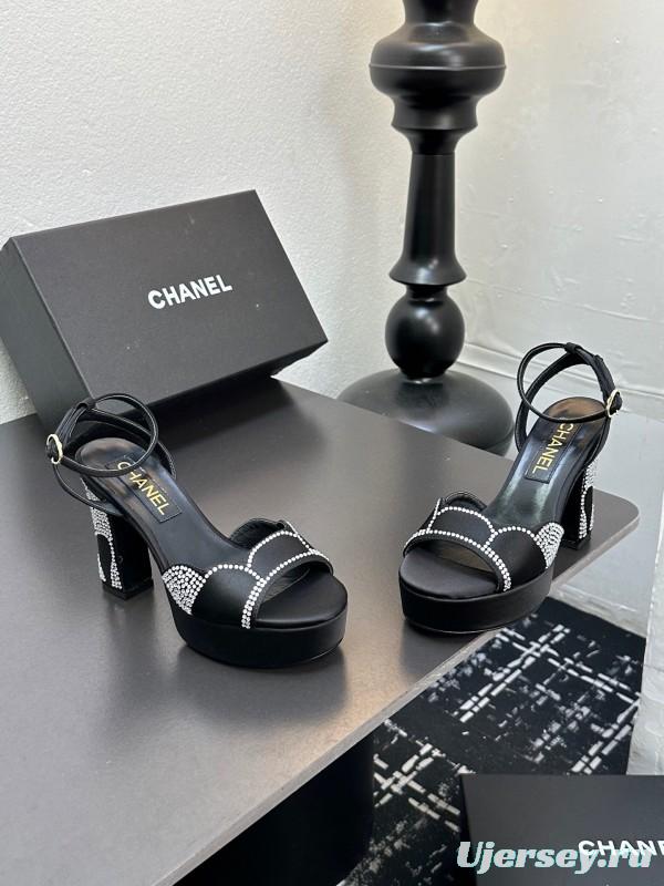 2025 Women Chanel Black Fabric Leather Rhinestone Platform Sandals KFY00320
