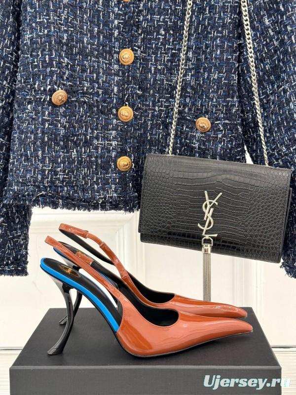 2025 Women Yves Saint Laurent Brown Patent Leather Slingback Heels KFY00290