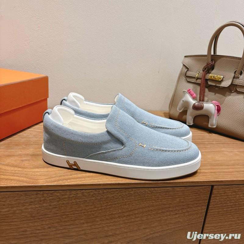 2025 Unisex Hermès Light Blue Canvas Leather Loafers AS00380