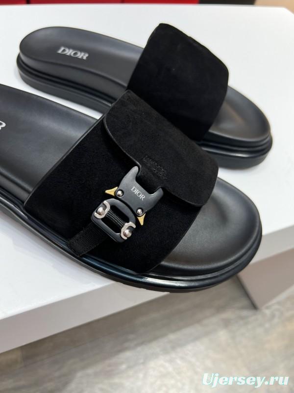 2025 Men Dior Black Leather Slippers CD Diamond Top Version AS00190