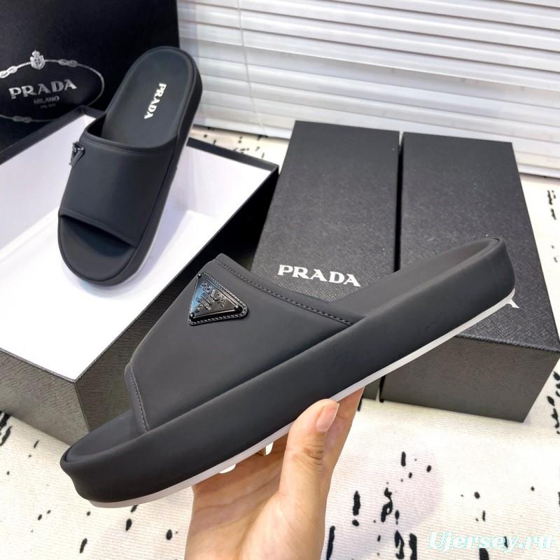 2025 Men Prada Black Fabric Slippers Logo KFY00230