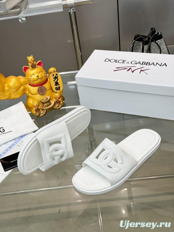 2025 Unisex Dolce & Gabbana White Leather Slippers KFY00150