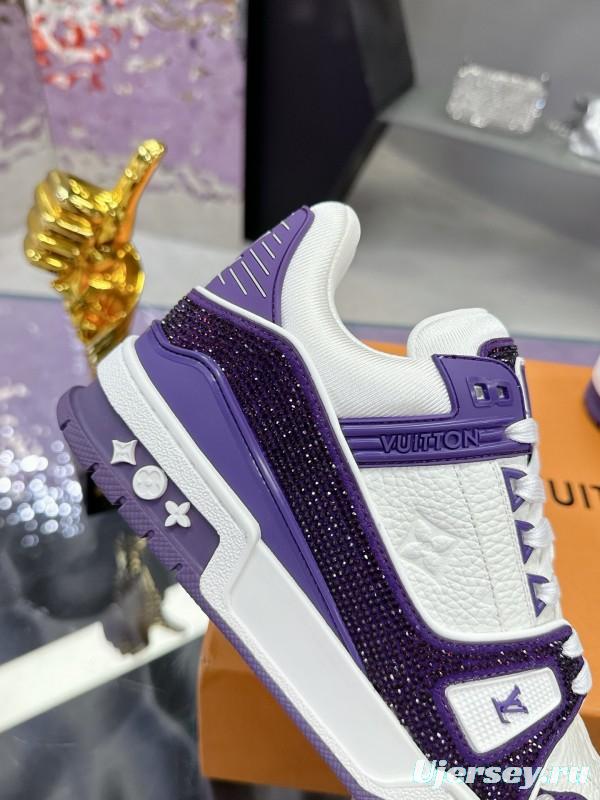 2025 Unisex Louis Vuitton White Purple Leather Denim Plimsolls Handmade Beaded AS00400