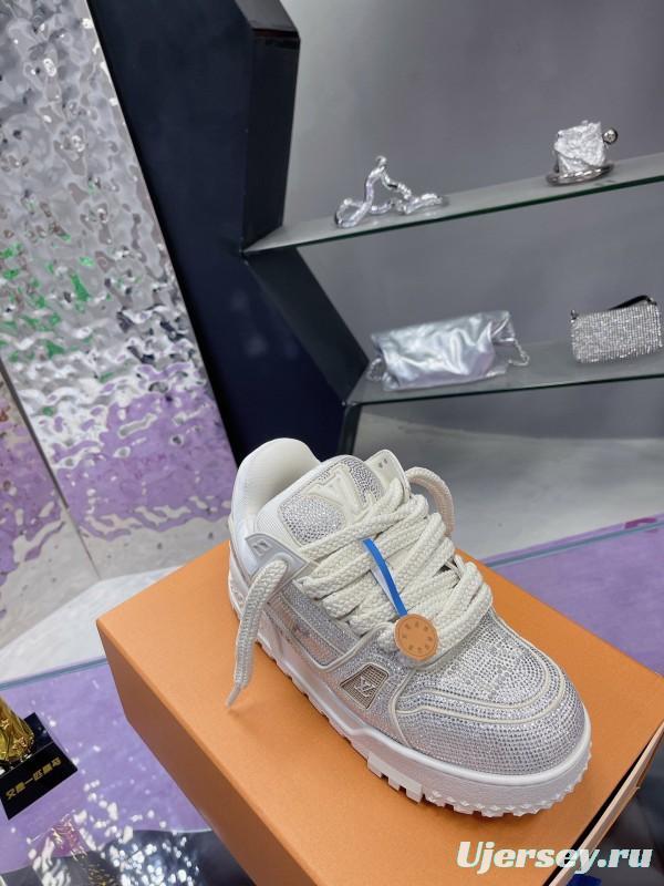 2025 Unisex Louis Vuitton White Crystal Leather Plimsolls Bing Bing AS00420