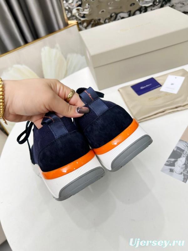 2025 Unisex Santoni Navy Orange Wool Knit Leather Sneakers AS00320
