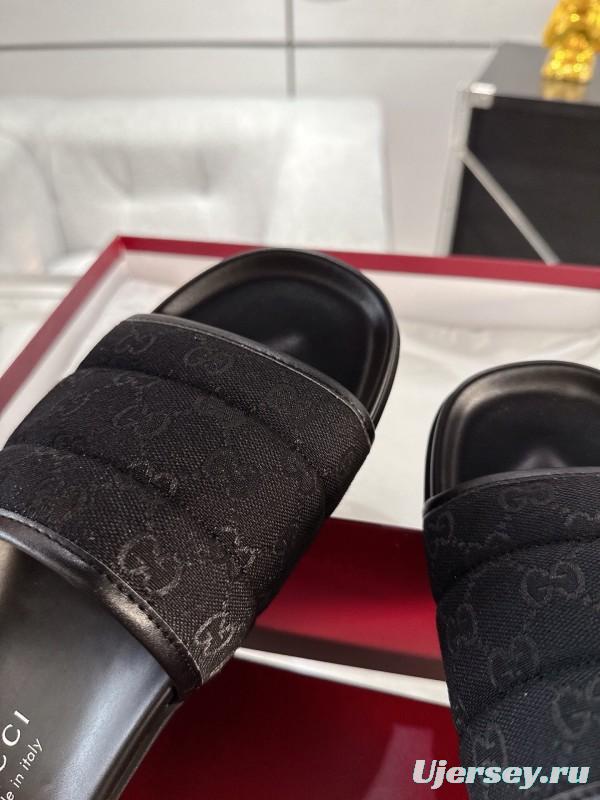 2025 Unisex Gucci Black Fabric Slippers GG Embossed AS00240