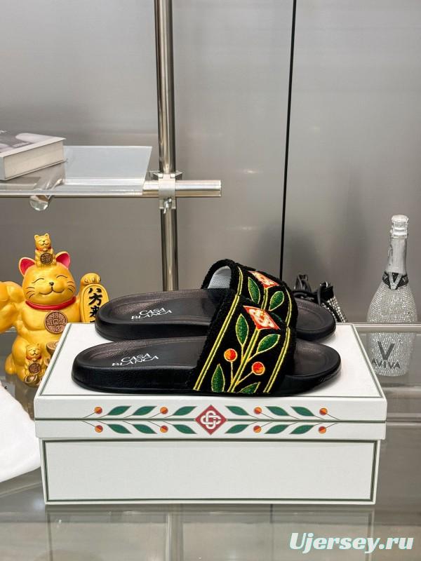 2025 Men CASA BLANCA Black Green Red Embroidered Leather Slippers Embroidery KFY00160
