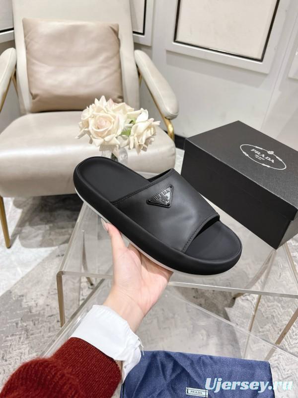2025 Men Prada Black Leather Slippers KFY00220