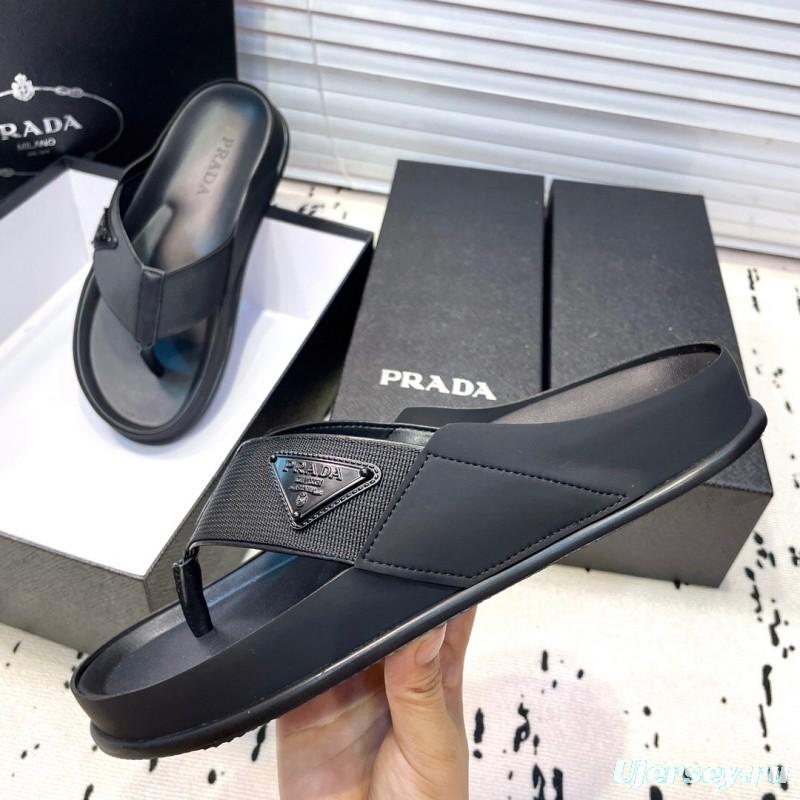 2025 Men Prada Black Fabric Leather Sandals Logo KFY00230