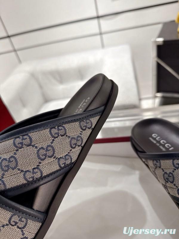 2025 Unisex Gucci Grey Black Canvas Slippers Double G Embossed AS00240