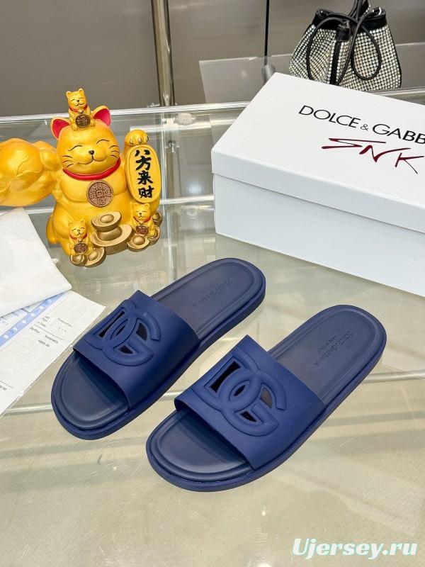 2025 Men Dolce & Gabbana Blue Leather Slippers KFY00150