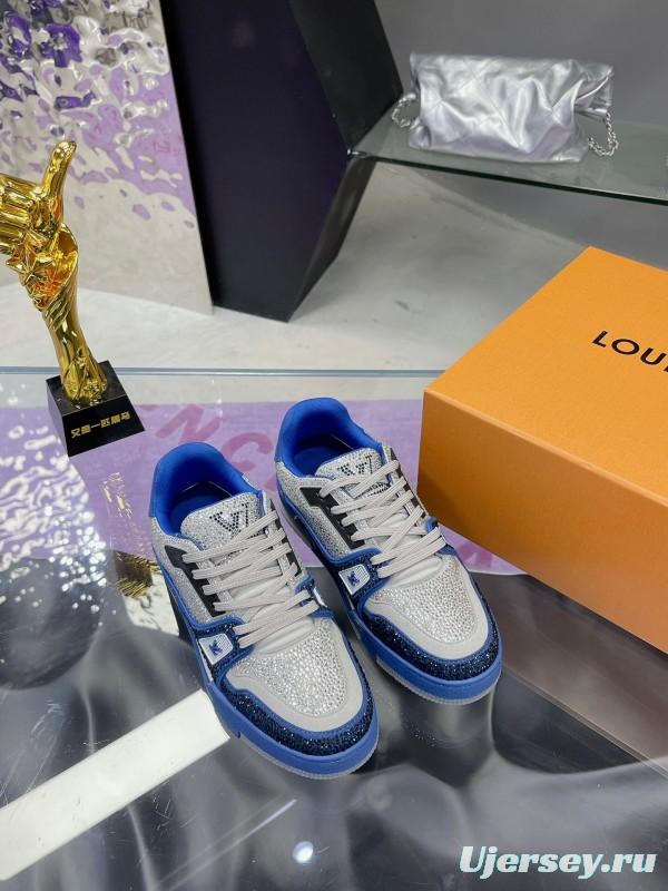 2025 Women Louis Vuitton Blue White Cow Leather Fabric Plimsolls Handcrafted Crystals AS00400