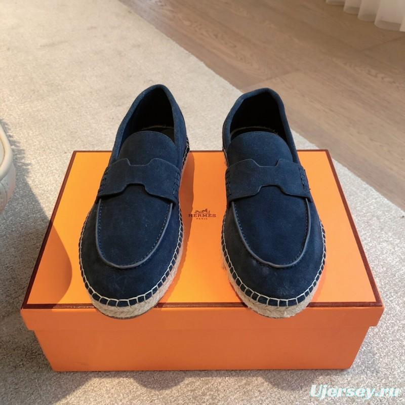 2025 Unisex Hermès Navy Blue Suede Calfskin Loafers AS00380