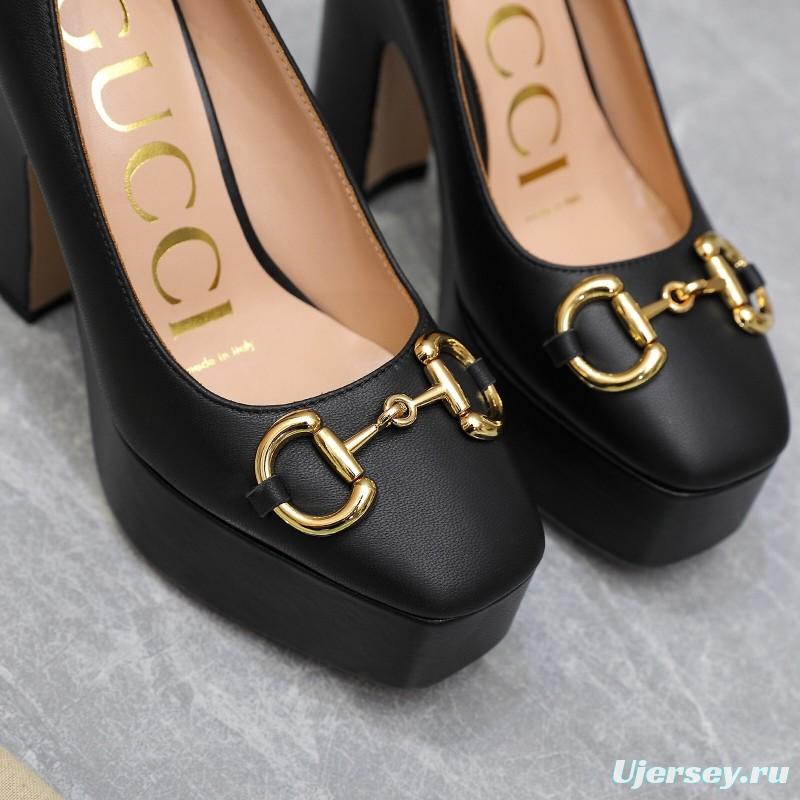 2025 Women Gucci Black Sheep Leather Platform Pumps KFY00320