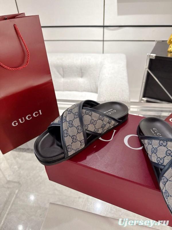 2025 Unisex Gucci Grey Black Canvas Slippers Double G Embossed AS00240