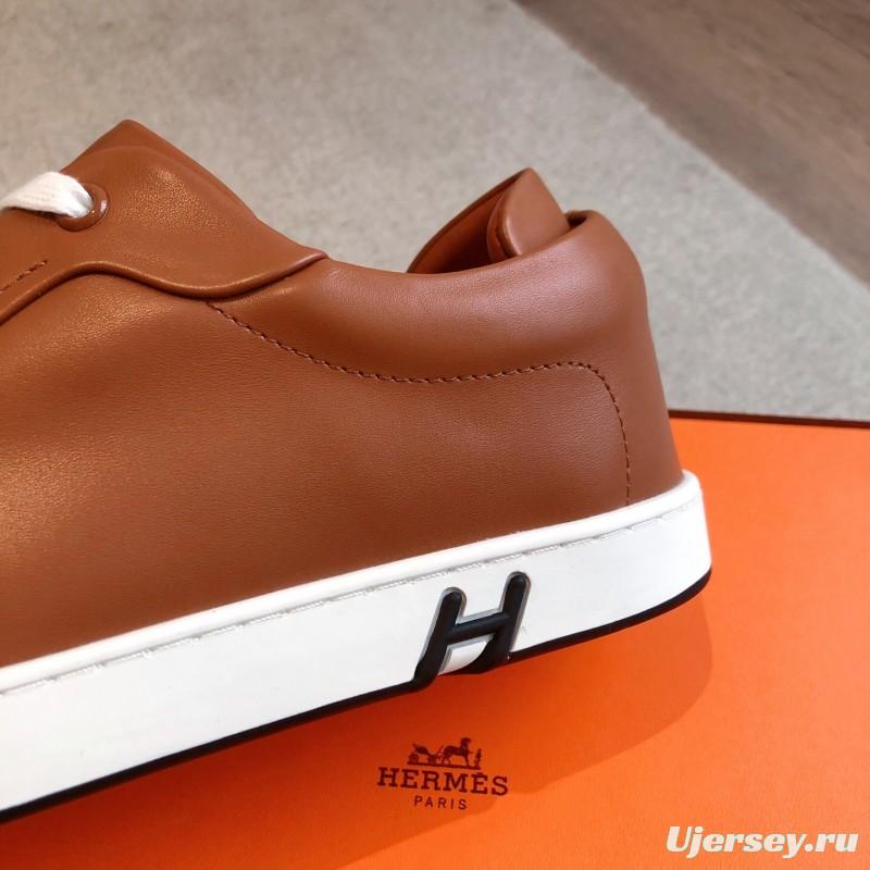 2025 Men Hermès Brown White Leather Sneakers AS00380