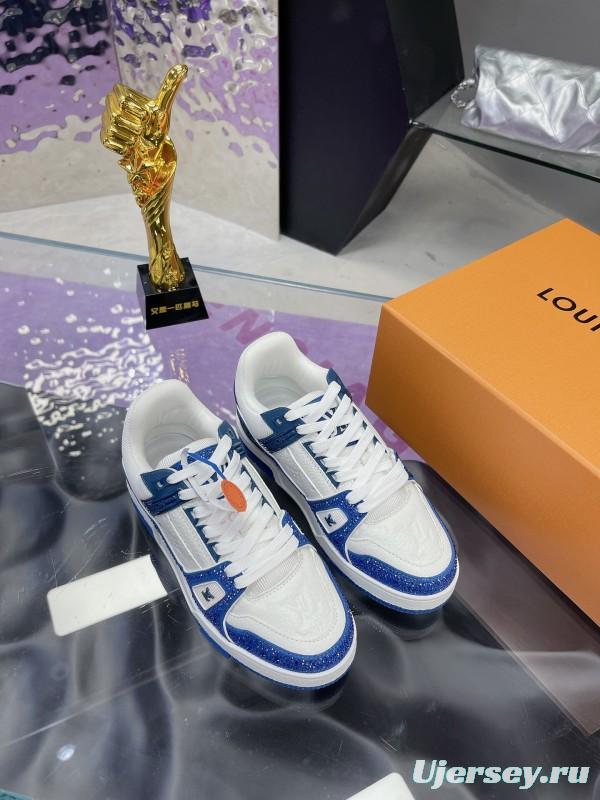2025 Unisex Louis Vuitton Blue White Leather Plimsolls Handcrafted Beaded AS00400