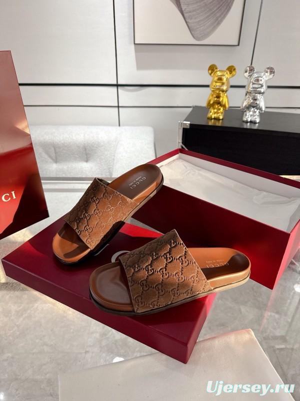 2025 Unisex Gucci Brown Leather Slippers Top Version AS00240