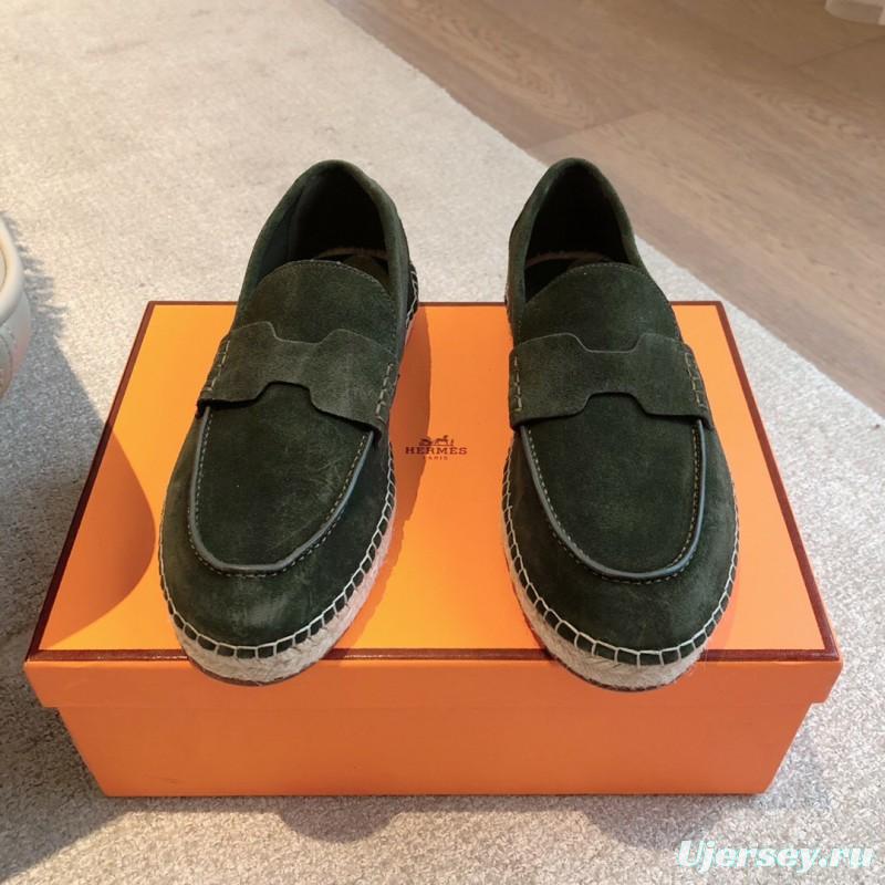 2025 Unisex Hermès Dark Green Suede Leather Loafers AS00380