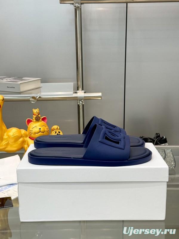 2025 Men Dolce & Gabbana Blue Leather Slippers KFY00150