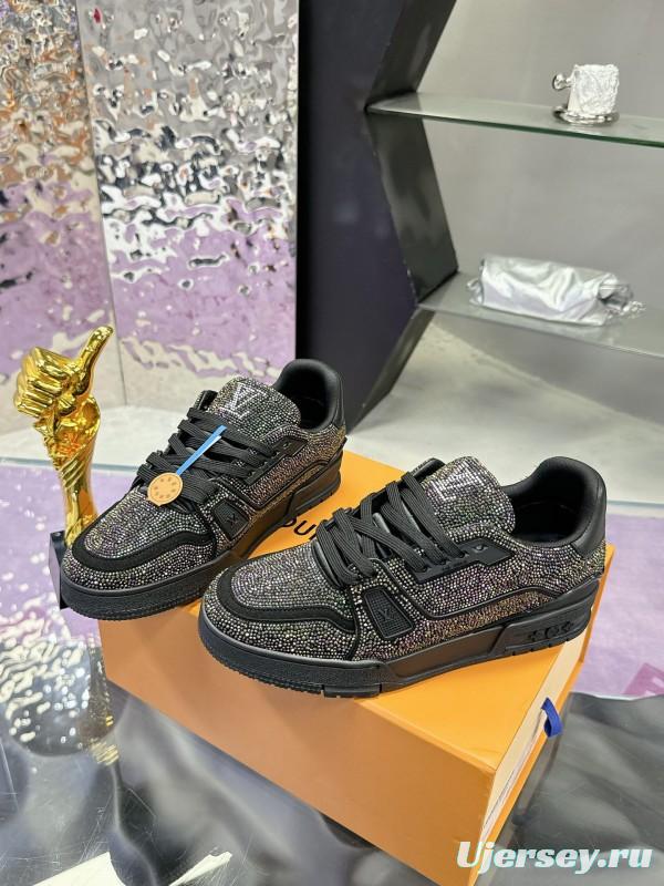 2025 Unisex Louis Vuitton Black Handmade Rhinestone Leather Fabric Plimsolls LV Trainer AS00400