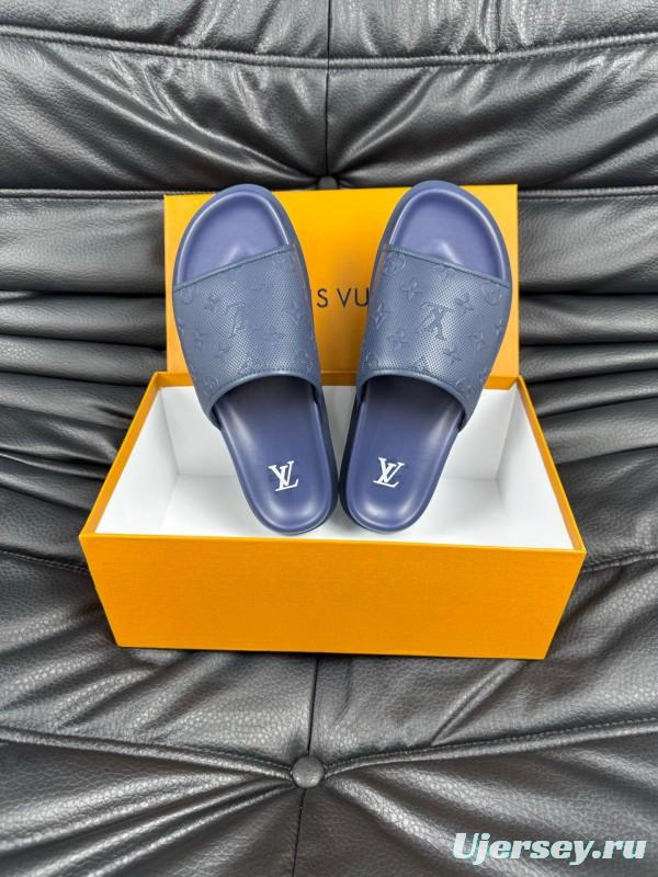 2025 Men Louis Vuitton Blue Leather Slippers AS00170