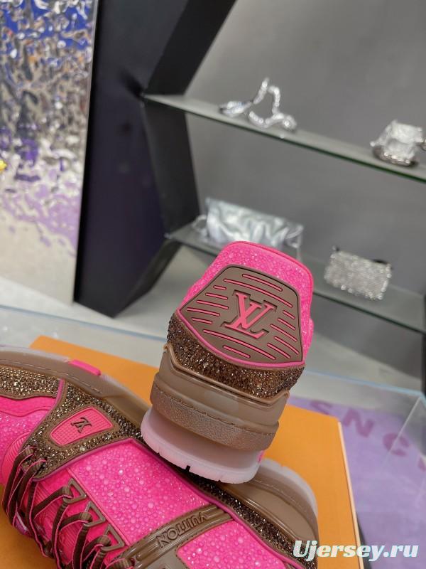 2025 Unisex Louis Vuitton Pink Brown Leather Canvas Plimsolls Handcrafted Crystals AS00400