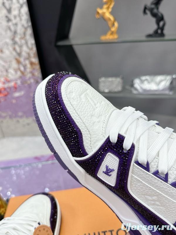 2025 Unisex Louis Vuitton White Purple Leather Denim Plimsolls Handmade Beaded AS00400