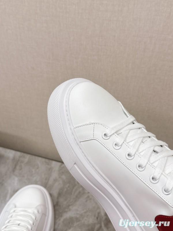 2025 Unisex Prada White Red Calf Leather Sneakers KFY00290