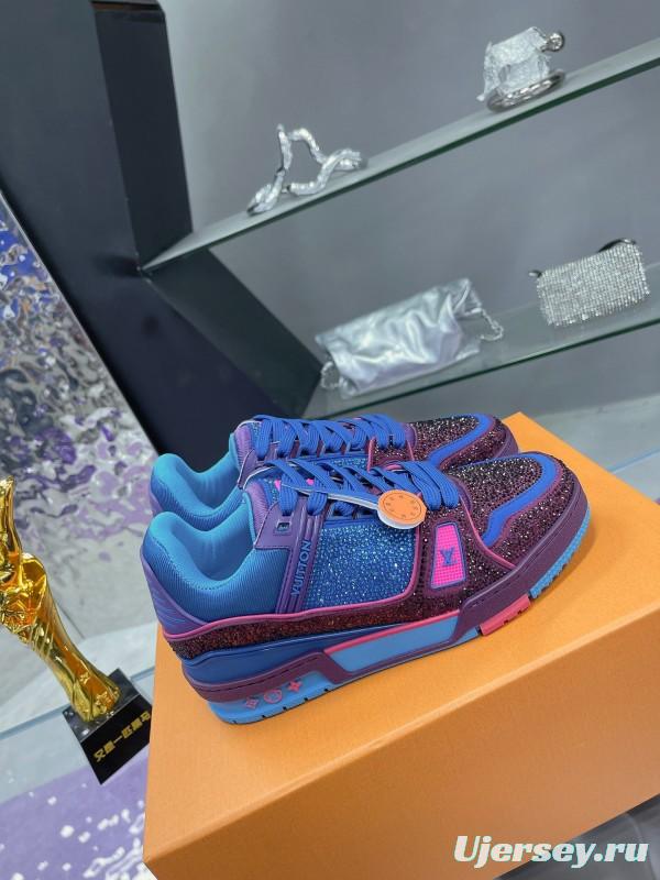 2025 Women Louis Vuitton Blue Purple Leather Fabric Plimsolls Handcrafted Rhinestones AS00400
