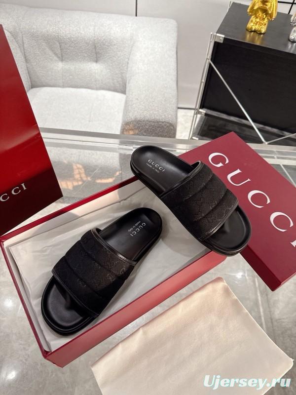 2025 Unisex Gucci Black Fabric Slippers GG Embossed AS00240
