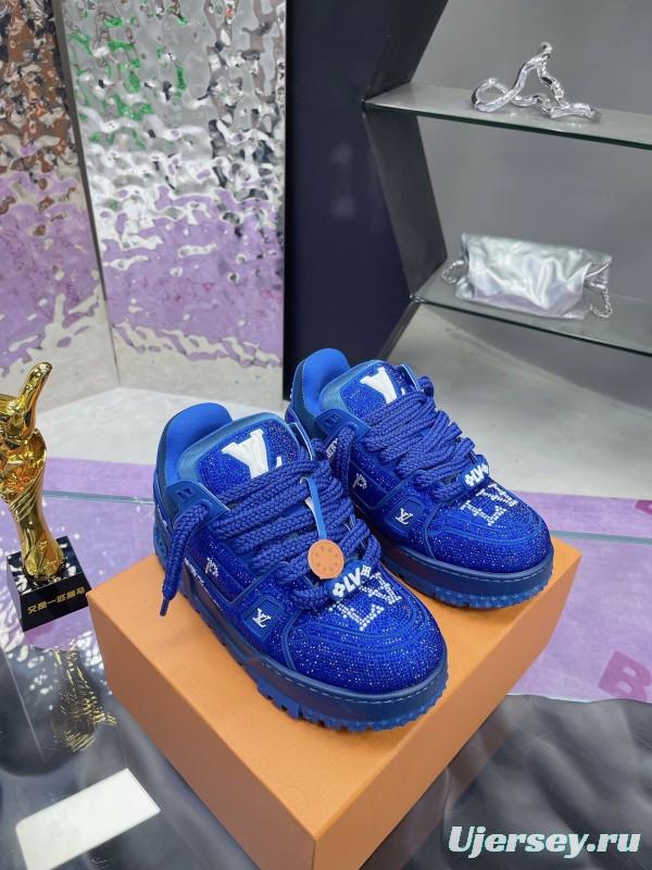 2025 Women Louis Vuitton Blue Crystal Trainer Original Custom Bing Bing Luxury Crystal Rhinestone High Temperature Hot Pressing TPU Sole AS00420