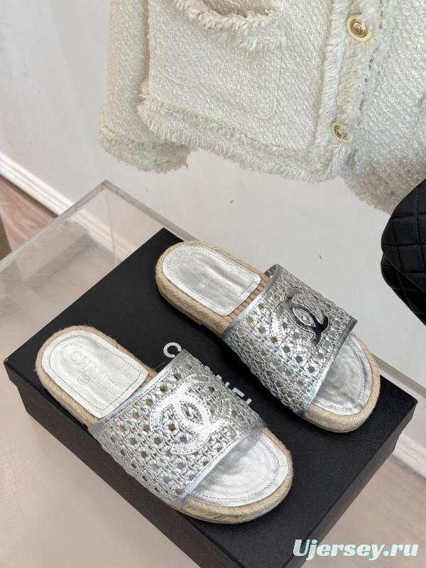 2025 Women Chanel Silver Leather Woven Fisherman Slippers KFY00240