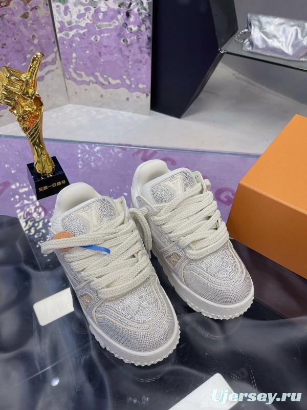 2025 Unisex Louis Vuitton White Crystal Leather Plimsolls Bing Bing AS00420