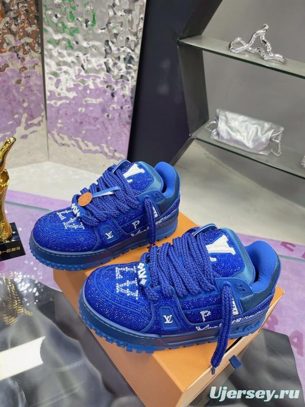 2025 Women Louis Vuitton Blue Crystal Trainer Original Custom Bing Bing Luxury Crystal Rhinestone High Temperature Hot Pressing TPU Sole AS00420
