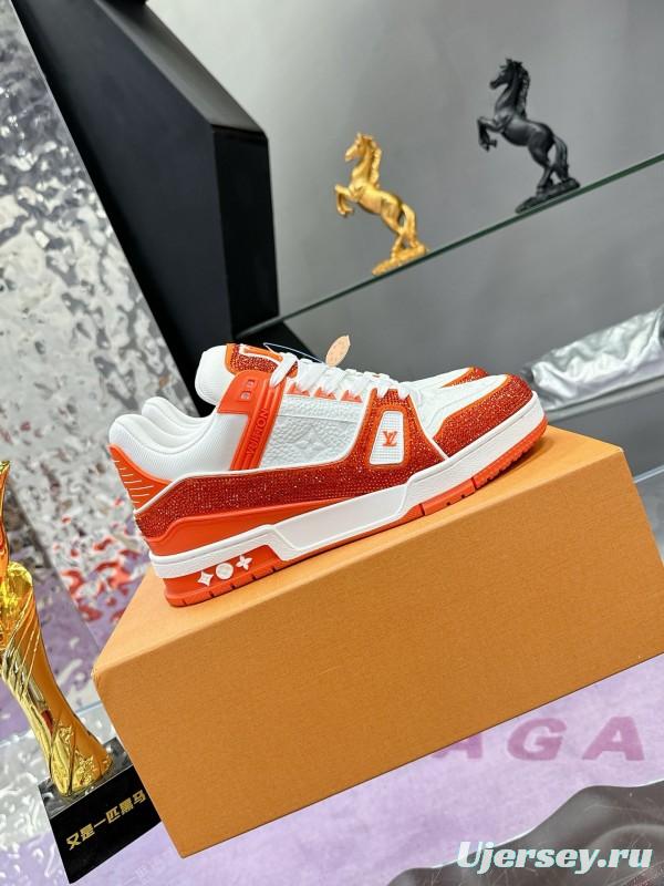 2025 Unisex Louis Vuitton Orange White Leather Plimsolls Handcrafted Rhinestones AS00400