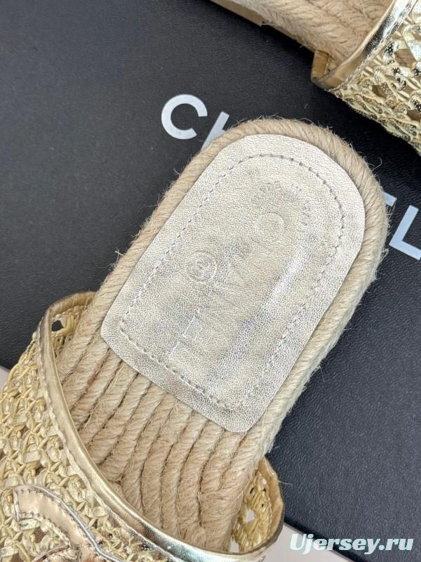 2025 Women Chanel Beige Custom Material Rope Sole Slippers Big CC Hollow Weave KFY00240