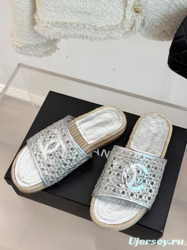2025 Women Chanel Silver Leather Woven Fisherman Slippers KFY00240