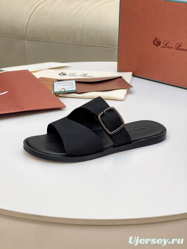 2025 Men Loro Piana Black Leather Slippers Buckle AS00250